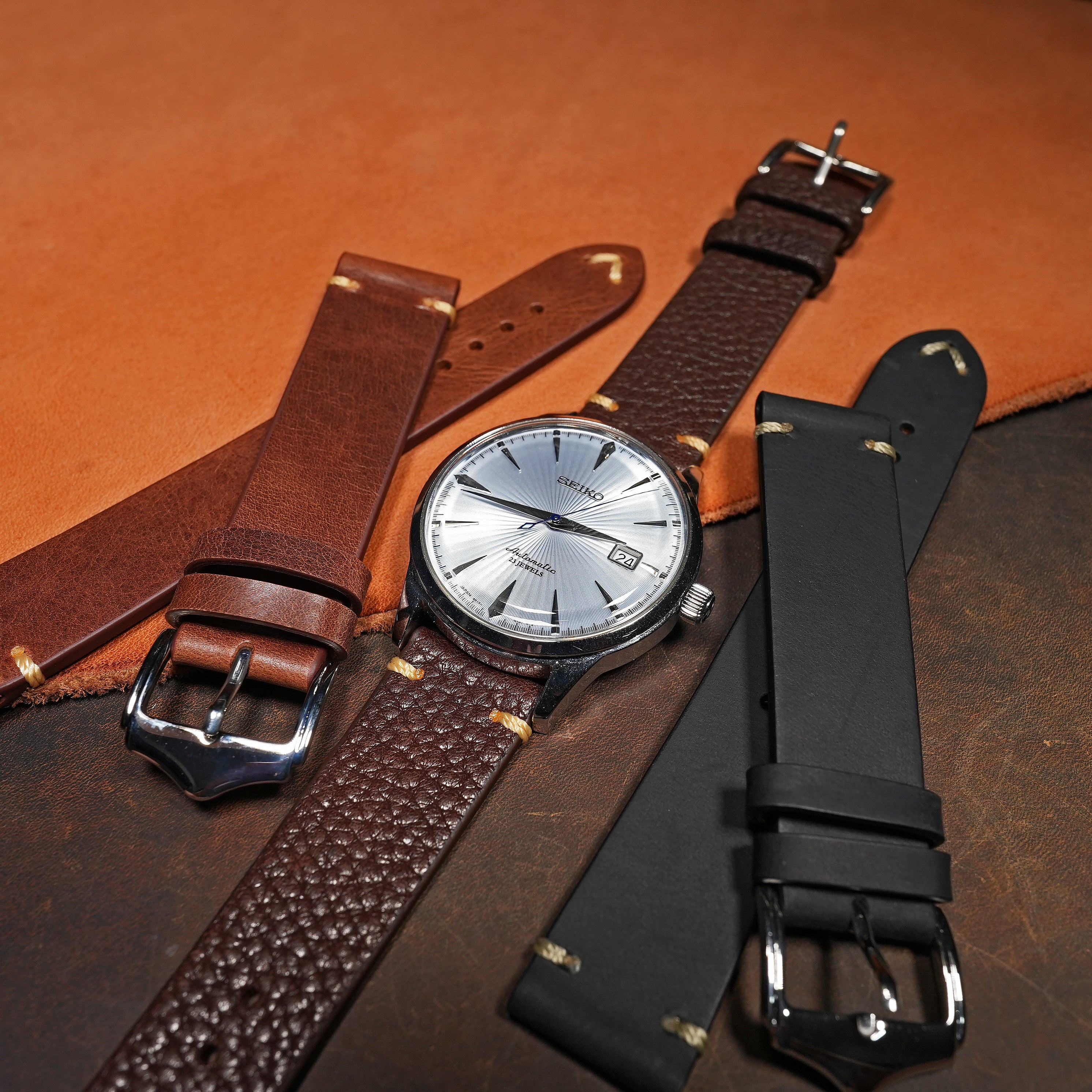 Custom Vintage Distressed Leather Strap store 24mm (Black)