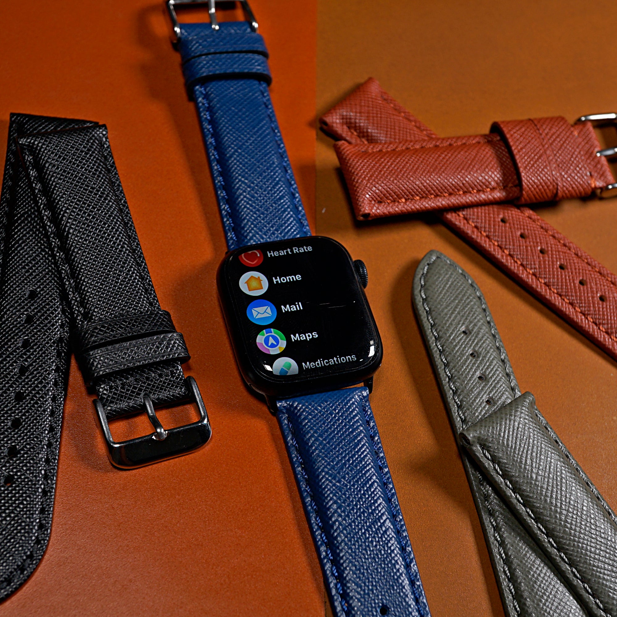 Premium Saffiano Leather Strap in Navy Apple Watch 42 44 45 49mm