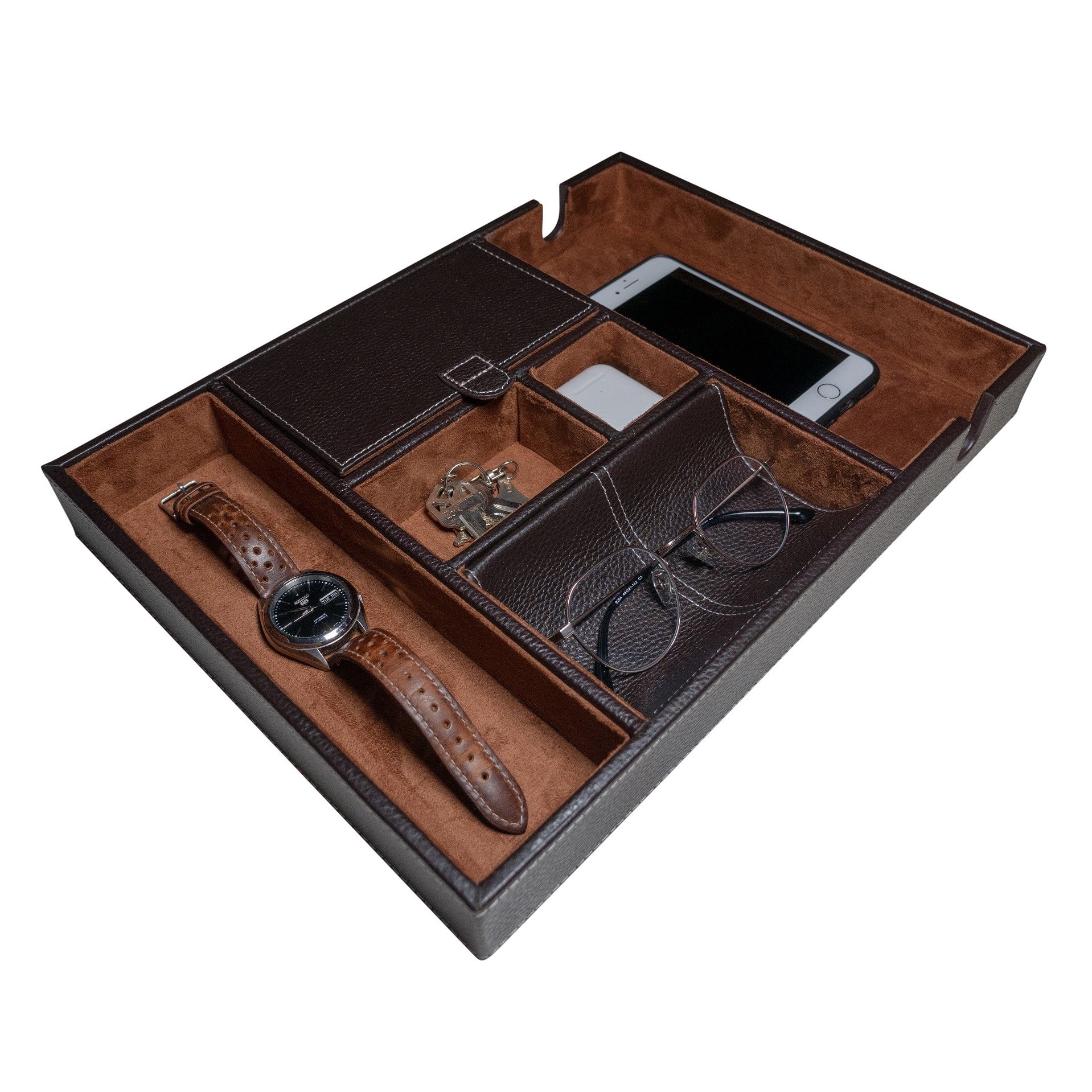 Juvale Leather Valet Catchall Tray for Men with 6 Compartments - Bedside  Nightstand Organizer for Phones (Brown) | Leather nightstand, Nightstand  organization, Mens valet tray